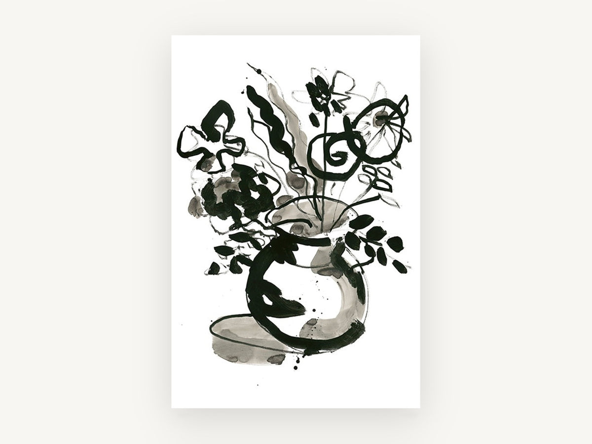 Ink Bloom Vase, floral canvas wall art print, front view