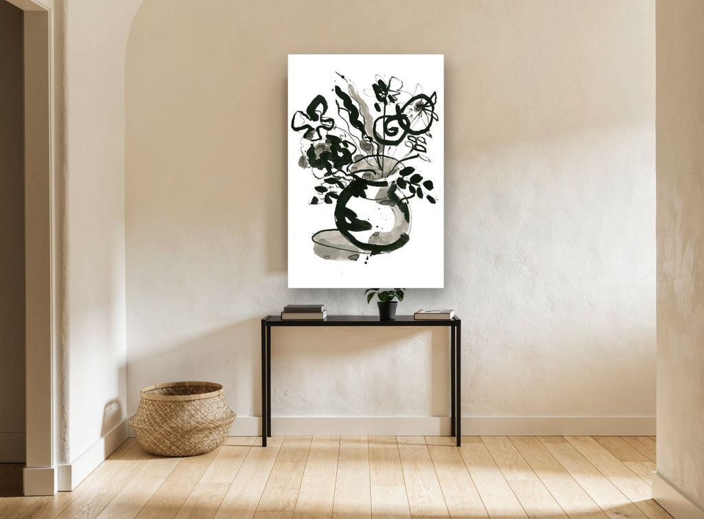 Ink Bloom Vase floral canvas print on the wall of a hallway