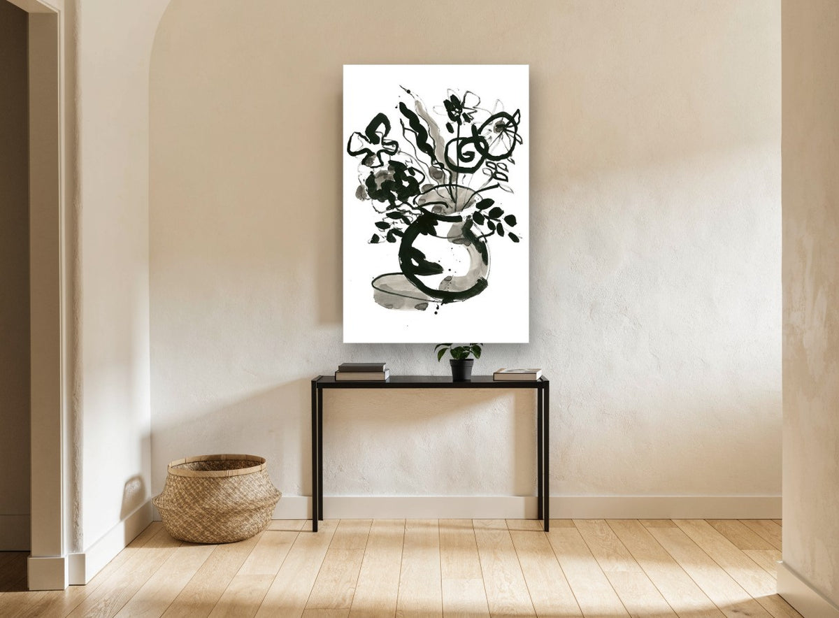 Ink Bloom Vase floral canvas print on the wall of a hallway