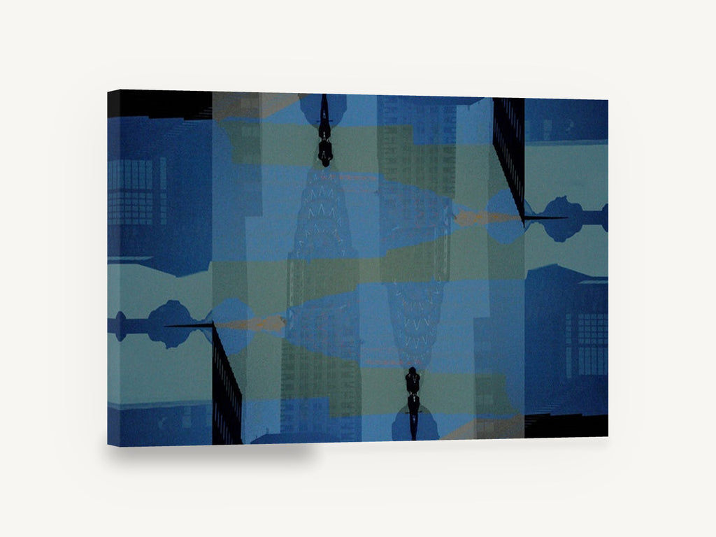 Mirrored Chrysler Blues, mirrored chrysler building abstract cityscape, city canvas wall art print ready to hang