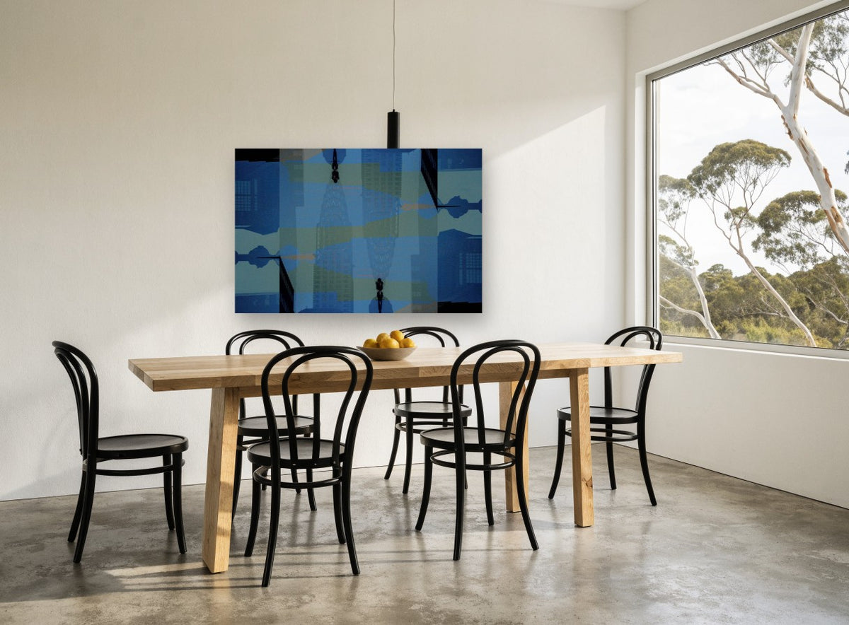 Mirrored Chrysler Blues city canvas print on the wall of a dining room
