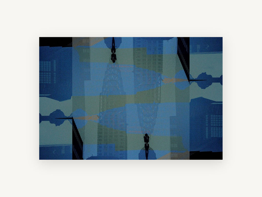 Mirrored Chrysler Blues, mirrored chrysler building abstract cityscape, city canvas wall art print, front view