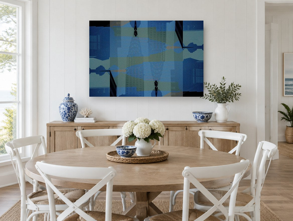 Mirrored Chrysler Blues city canvas print on the wall of a Hamptons dining room