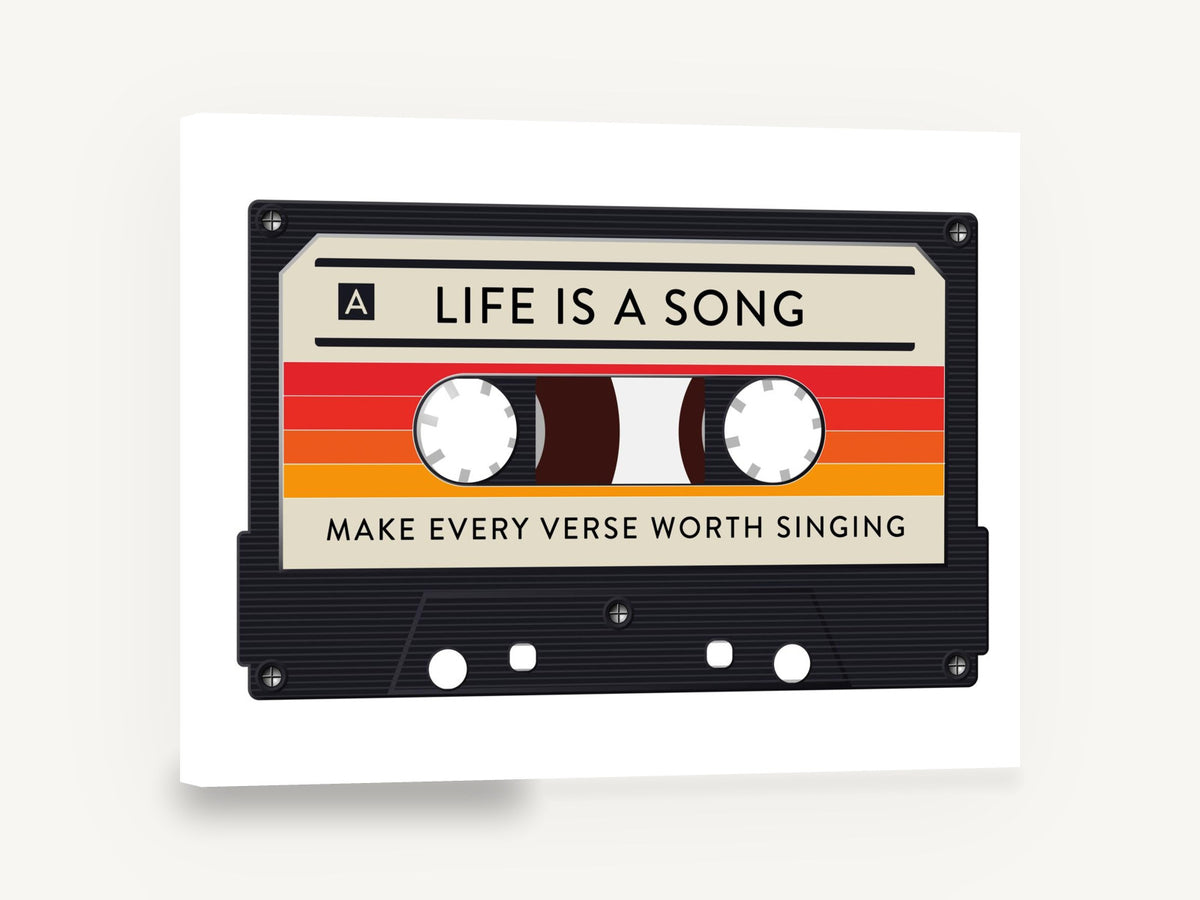 Life Is a Song Cassette, retro cassette tape music print, stretched canvas wall art print ready to hang