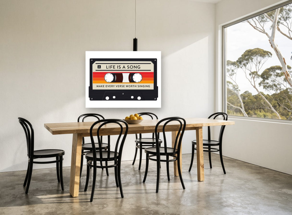 Life Is a Song Cassette vintage canvas print on the wall of a dining room
