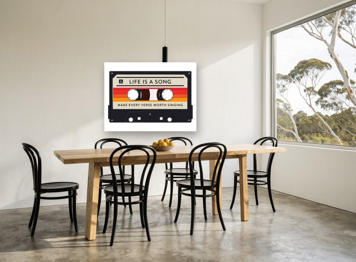 Life Is a Song Cassette vintage canvas print on the wall of a dining room