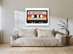 Life Is a Song Cassette vintage canvas print on the wall of a living room