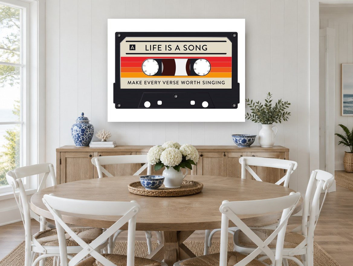 Life Is a Song Cassette vintage canvas print on the wall of a Hamptons dining room