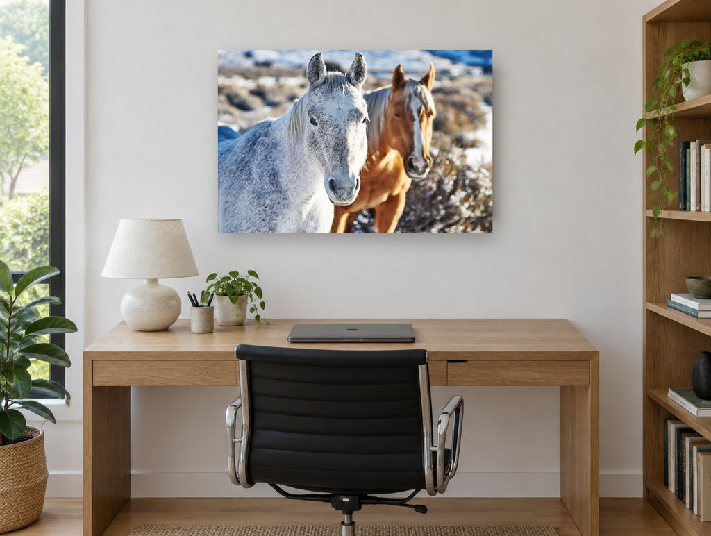 Frosted Horse Pair landscape canvas print on the wall of a study