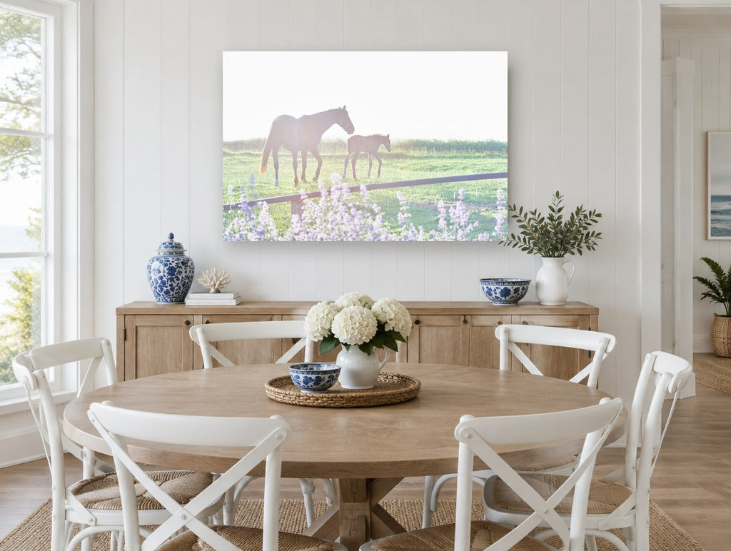 Mare and Foal Morning landscape canvas print on the wall of a Hamptons dining room