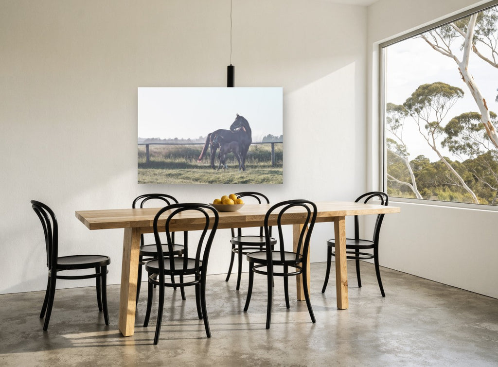 Mare and Foal Dawn landscape canvas print on the wall of a dining room