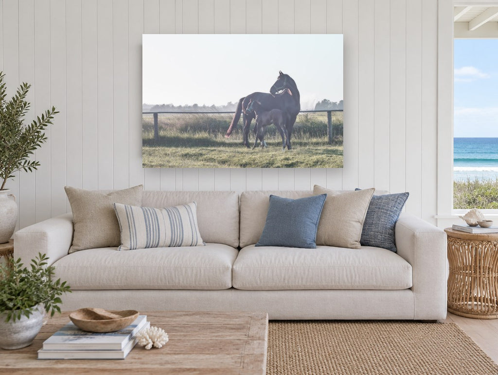 Mare and Foal Dawn landscape canvas print on the wall of a beach house living room