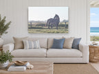 Mare and Foal Dawn landscape canvas print on the wall of a beach house living room