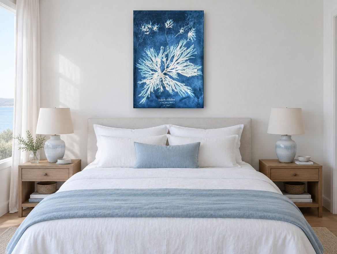 Indigo Seaweed Frond Burst vintage canvas print on the wall of a coastal bedroom