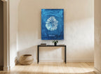 Indigo Fan Frond Seaweed vintage canvas print on the wall of a hallway
