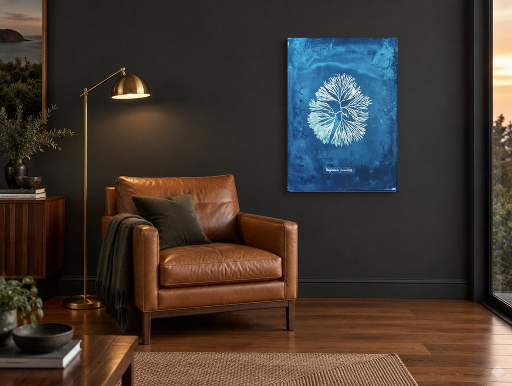 Indigo Fan Frond Seaweed vintage canvas print on the wall of a charcoal living room