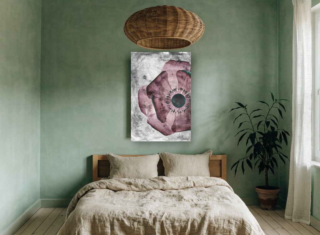 Mulberry Poppy Negative floral canvas print on the wall of a bedroom