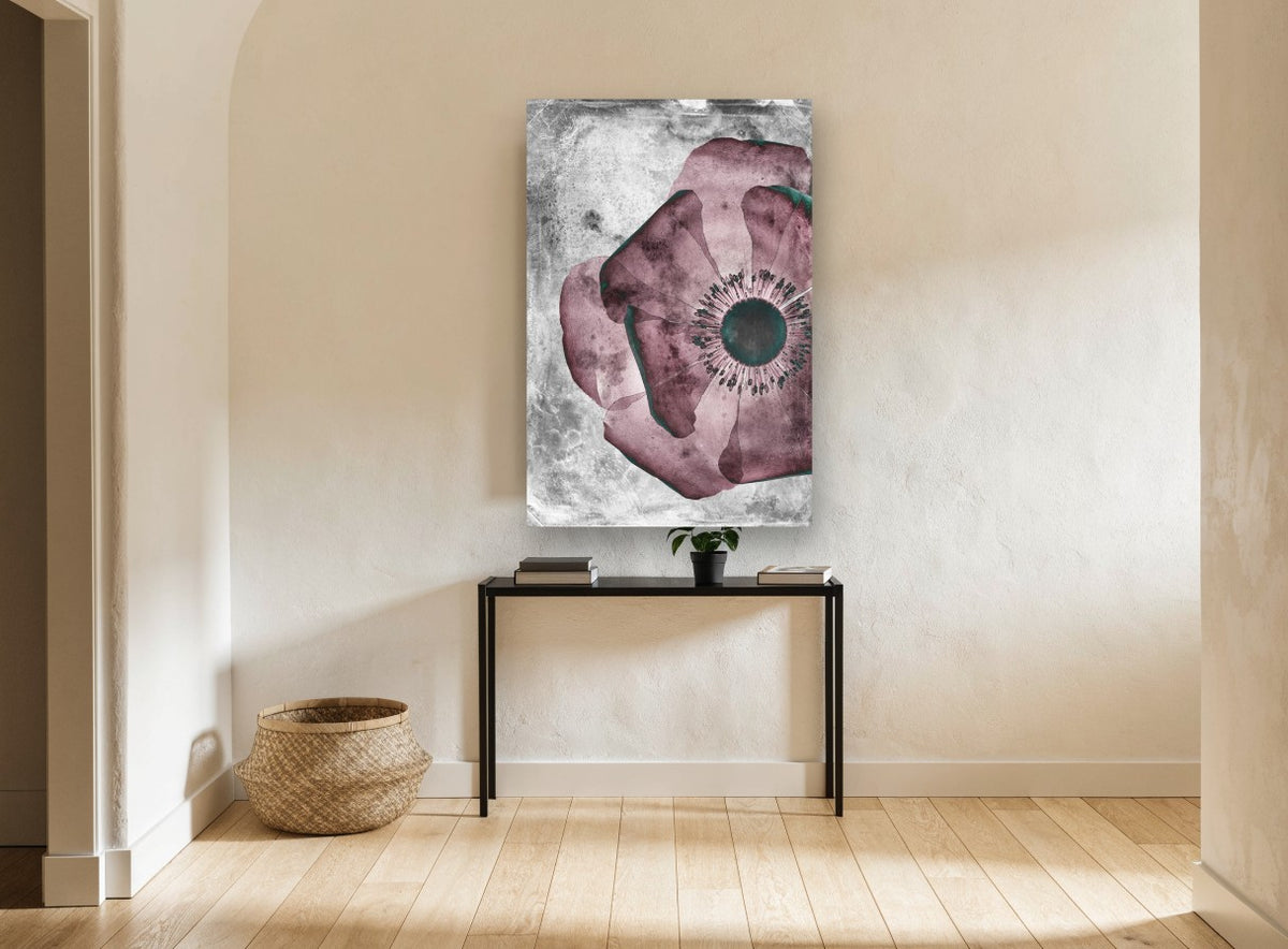 Mulberry Poppy Negative floral canvas print on the wall of a hallway