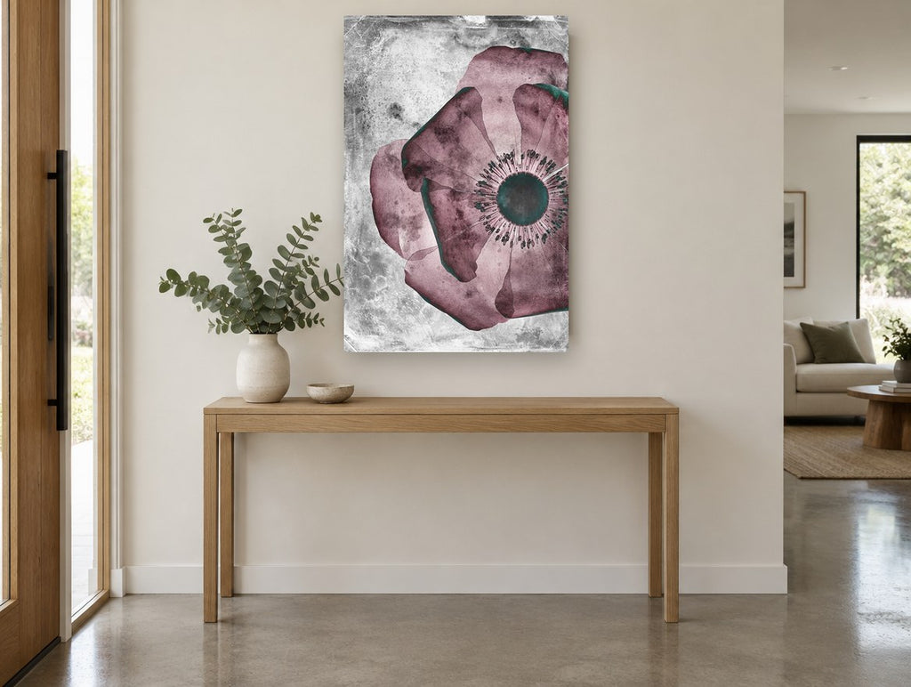 Mulberry Poppy Negative floral canvas print on the wall of a entry hall