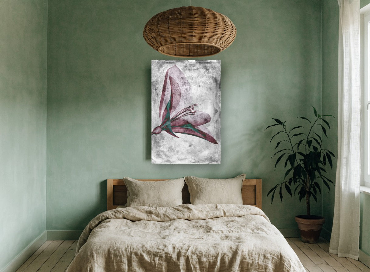 Inverted Lily Study floral canvas print on the wall of a bedroom