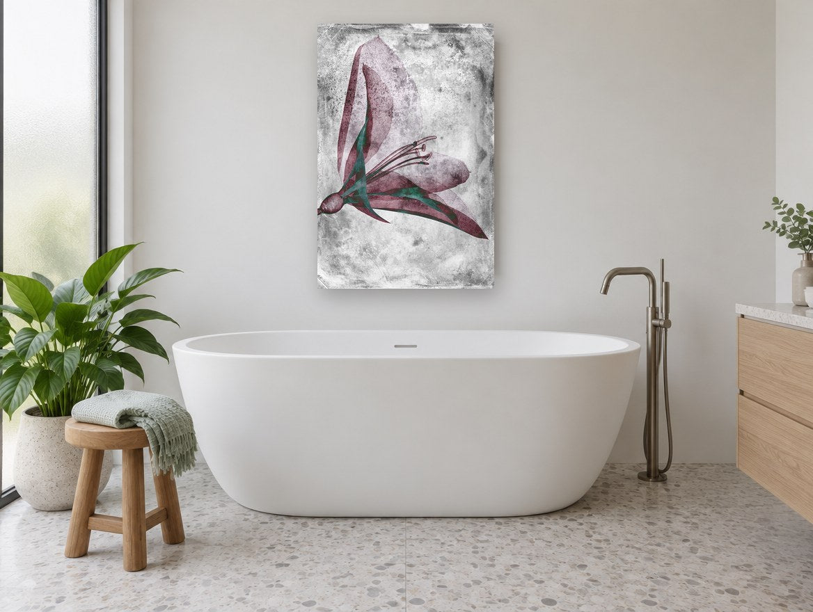 Inverted Lily Study floral canvas print on the wall of a bathroom