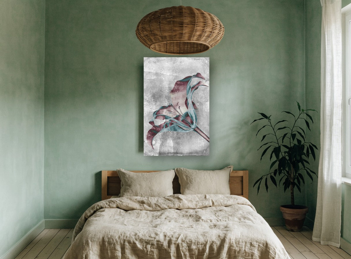 Inverted Lily Bloom floral canvas print on the wall of a bedroom