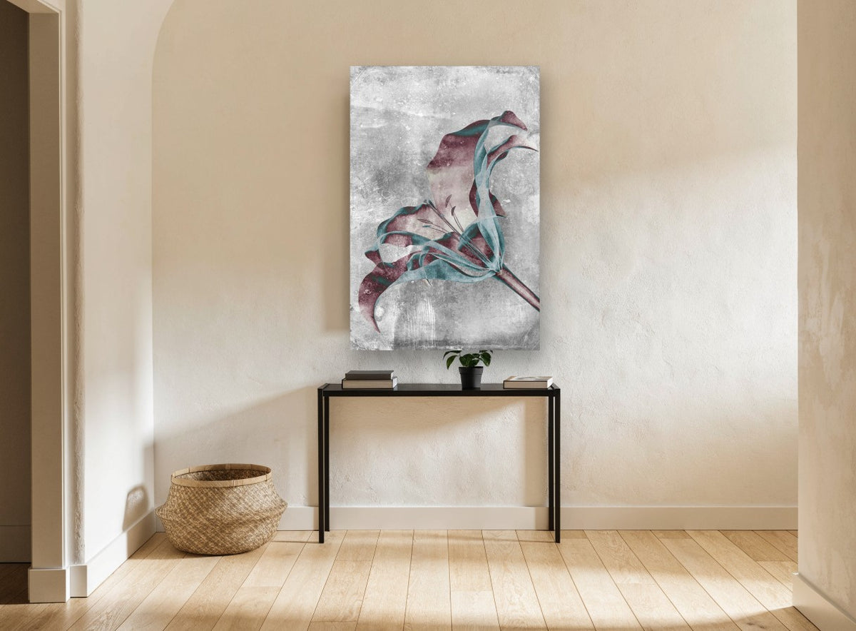 Inverted Lily Bloom floral canvas print on the wall of a hallway