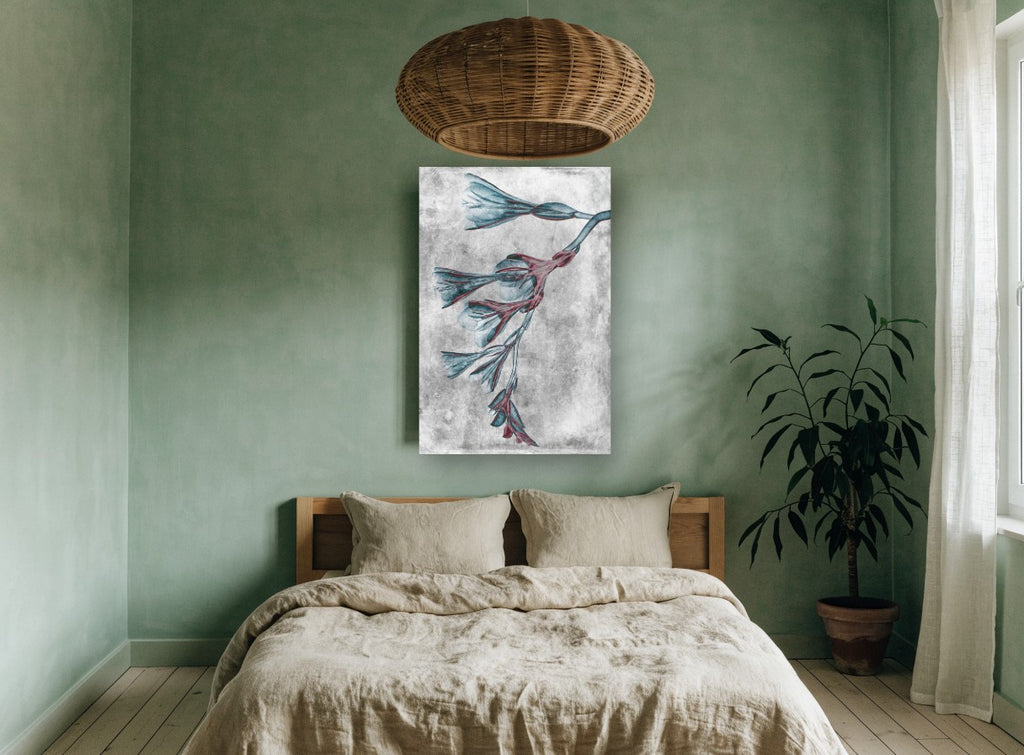 Teal Blooms in Negative floral canvas print on the wall of a bedroom