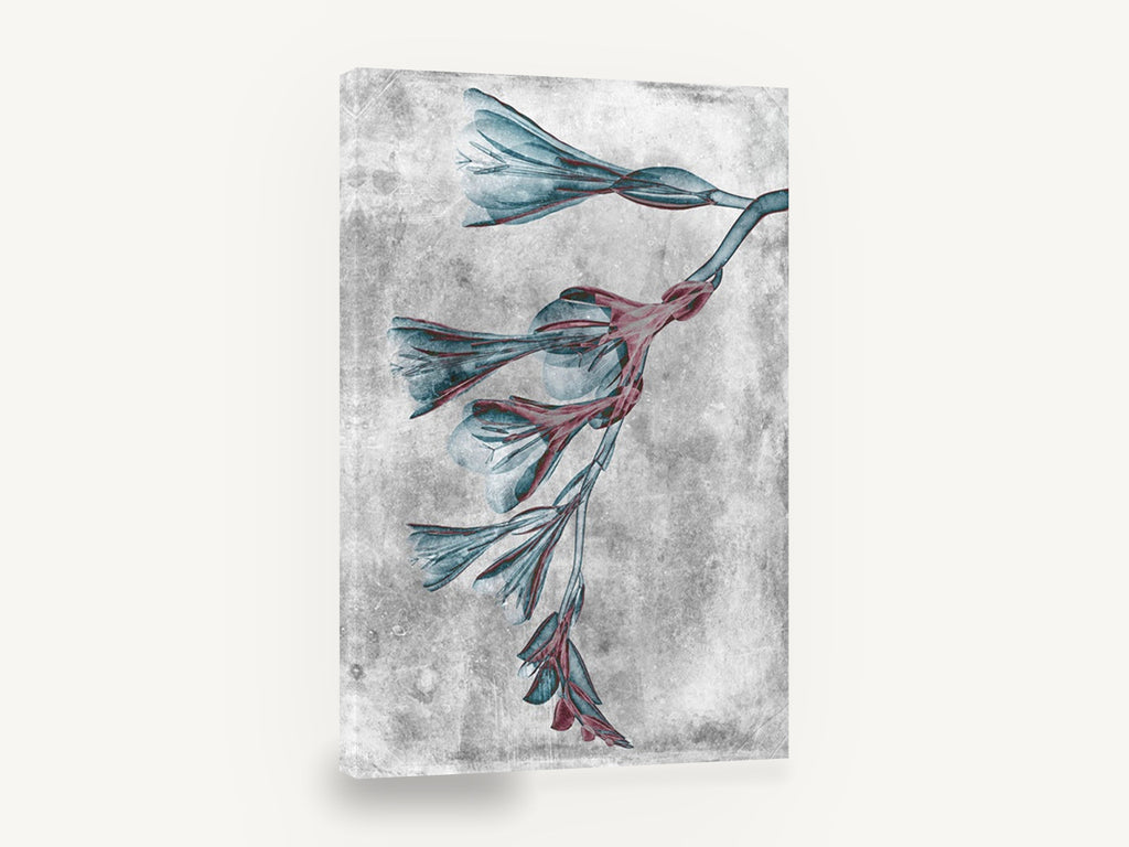 Teal Blooms in Negative, inverted teal flower branch botanical, floral canvas wall art print ready to hang