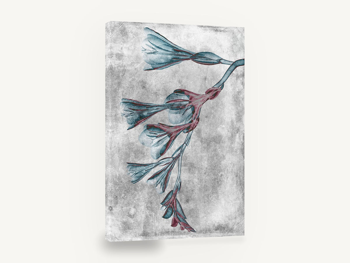 Teal Blooms in Negative, inverted teal flower branch botanical, floral canvas wall art print ready to hang