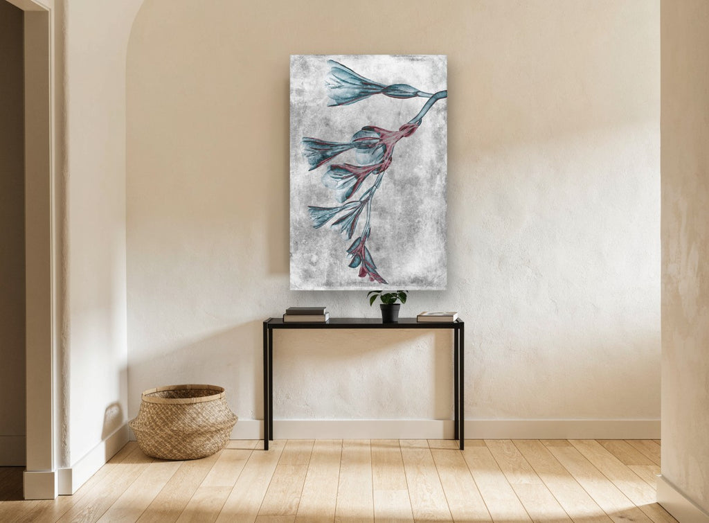 Teal Blooms in Negative floral canvas print on the wall of a hallway