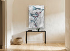 Teal Blooms in Negative floral canvas print on the wall of a hallway