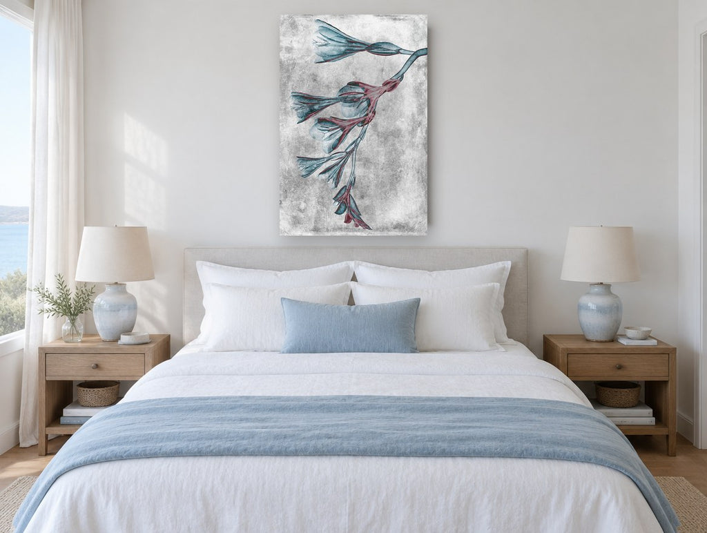 Teal Blooms in Negative floral canvas print on the wall of a coastal bedroom