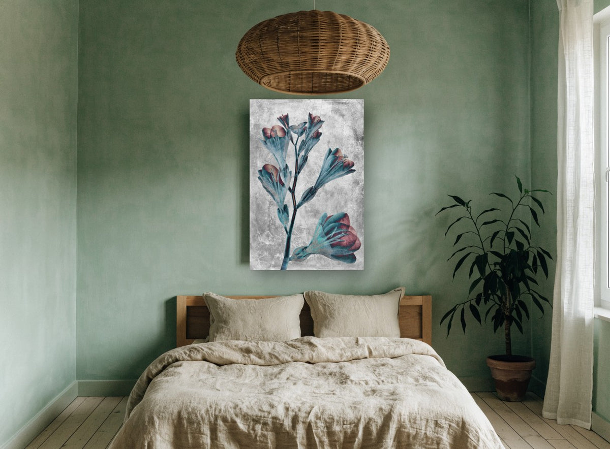 Inverted Freesia Stem floral canvas print on the wall of a bedroom