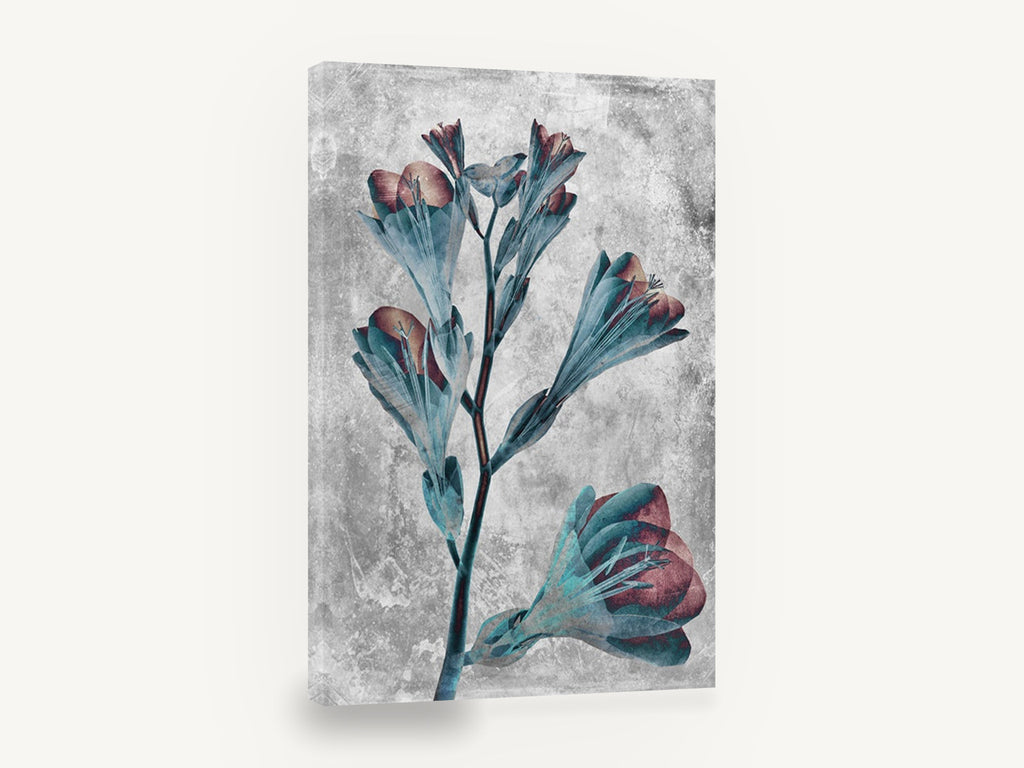 Inverted Freesia Stem, teal and rust freesia stem botanical, floral canvas wall art print ready to hang