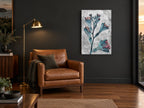 Inverted Freesia Stem floral canvas print on the wall of a charcoal living room