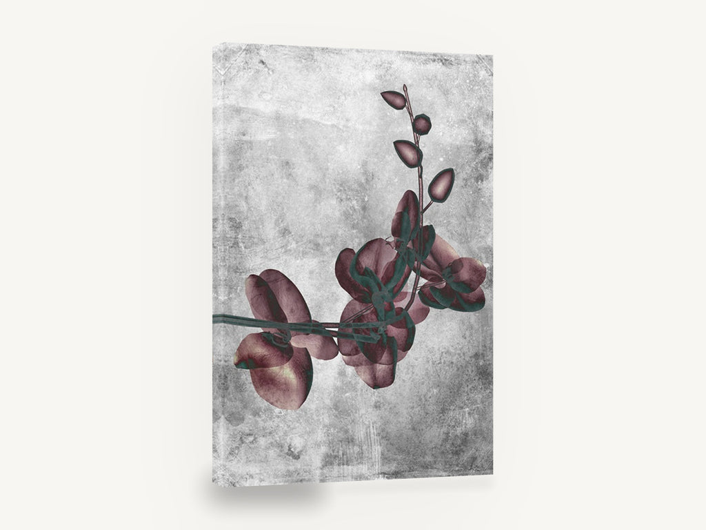 Burgundy Orchid Spray, burgundy orchid branch textured grey, floral canvas wall art print ready to hang