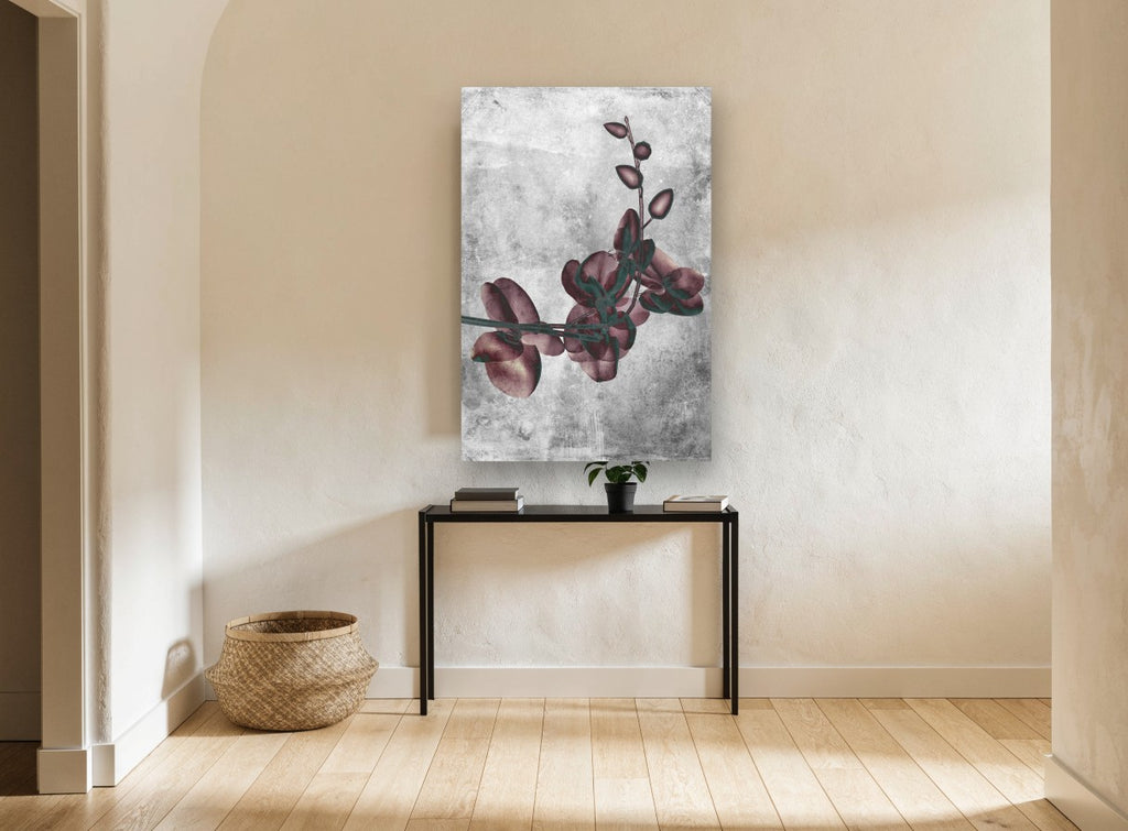 Burgundy Orchid Spray floral canvas print on the wall of a hallway