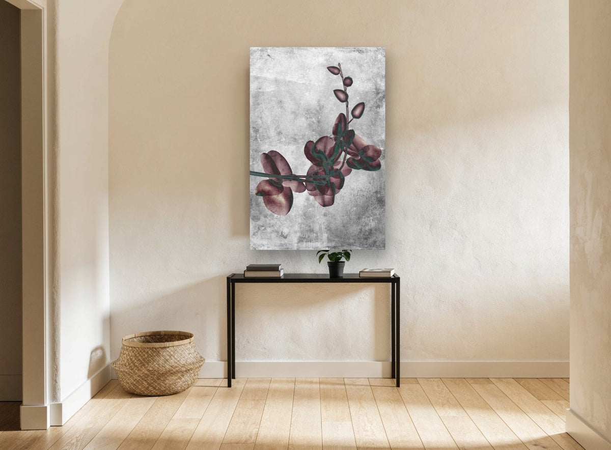 Burgundy Orchid Spray floral canvas print on the wall of a hallway