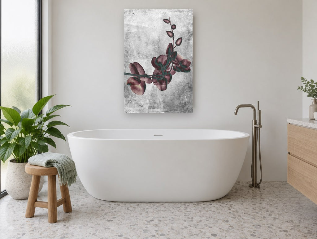 Burgundy Orchid Spray floral canvas print on the wall of a bathroom