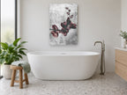 Burgundy Orchid Spray floral canvas print on the wall of a bathroom