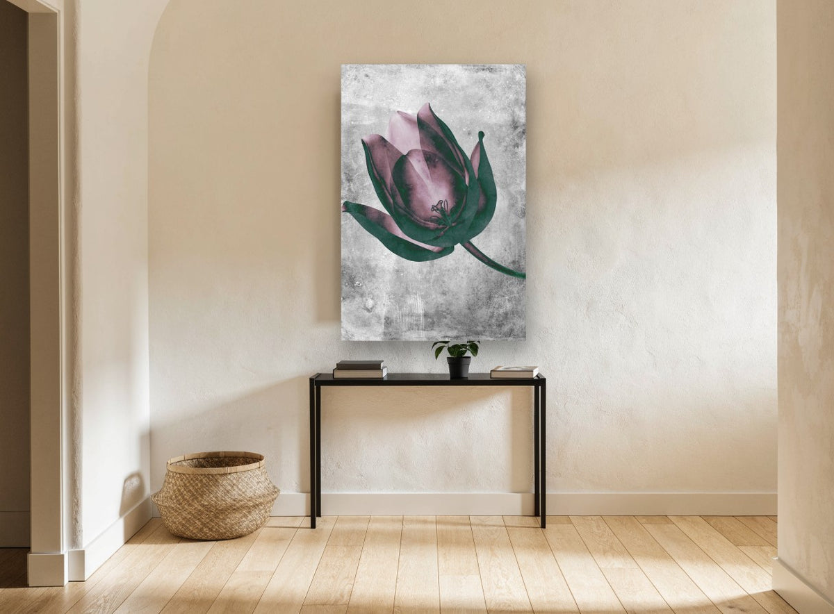 Inverted Tulip Bloom floral canvas print on the wall of a hallway