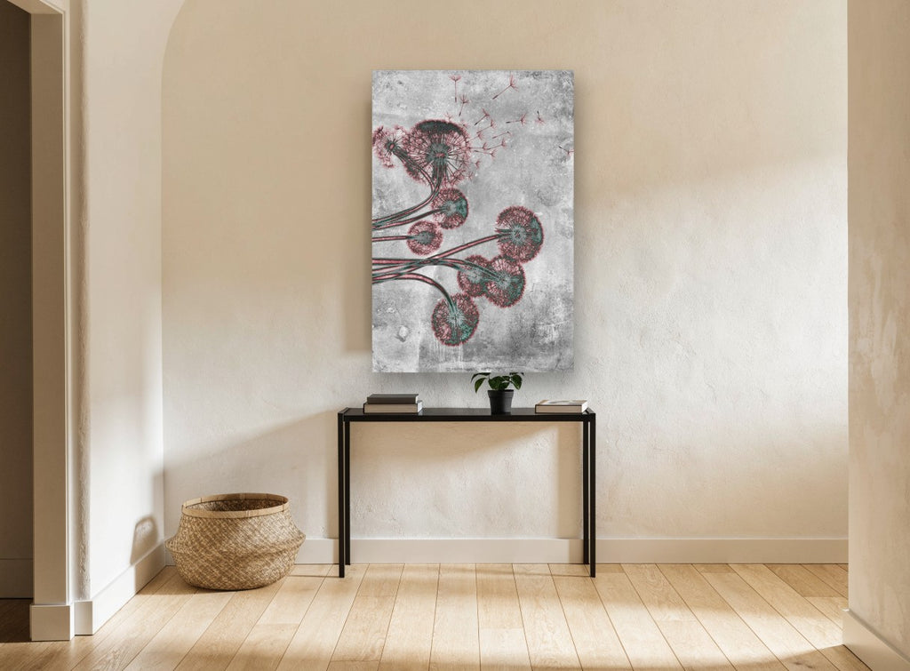 Dandelion Drift floral canvas print on the wall of a hallway