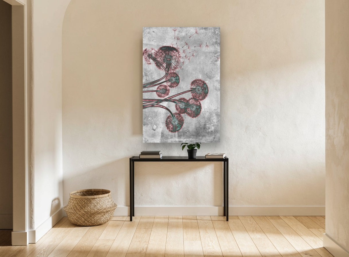 Dandelion Drift floral canvas print on the wall of a hallway