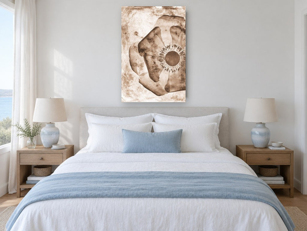 Sepia Poppy Negative floral canvas print on the wall of a coastal bedroom