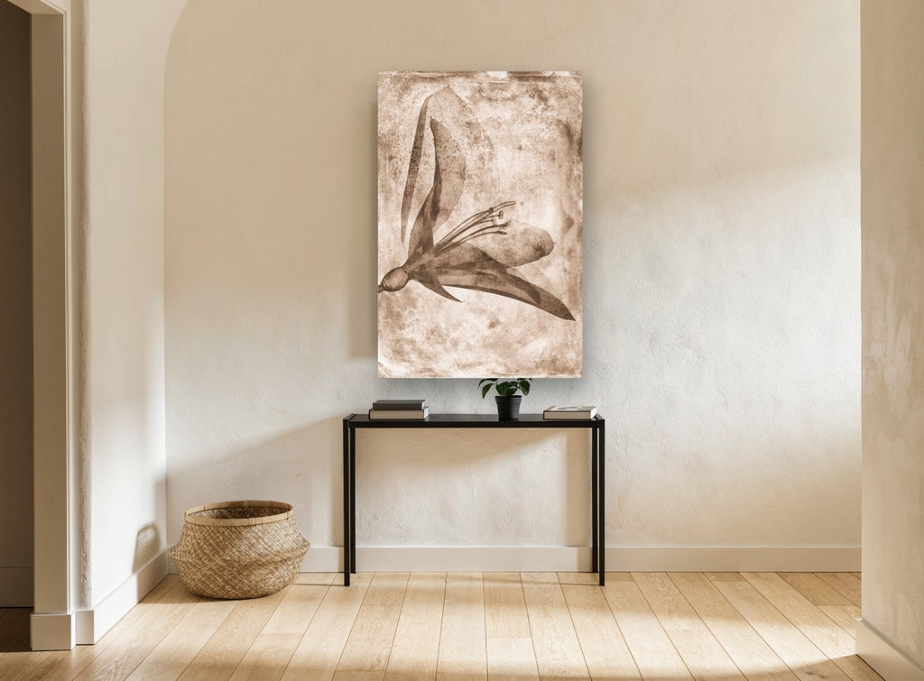 Sepia Lily Negative floral canvas print on the wall of a hallway