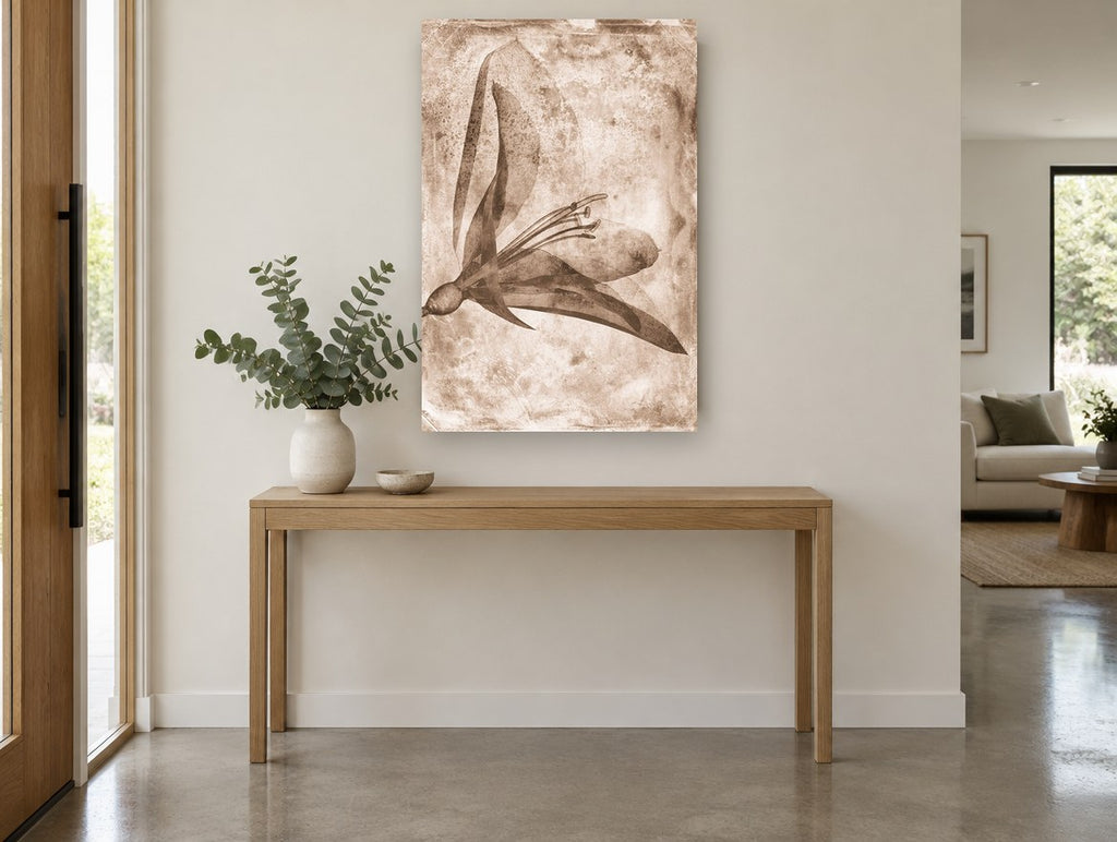 Sepia Lily Negative floral canvas print on the wall of a entry hall