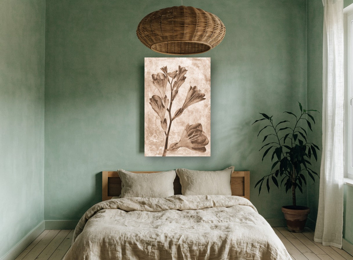 Sepia Freesia Stem floral canvas print on the wall of a bedroom