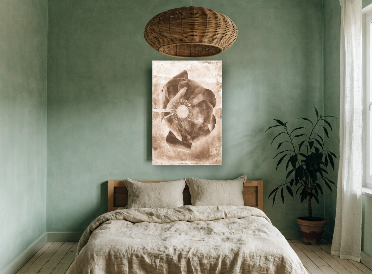 Sepia Poppy Negative floral canvas print on the wall of a bedroom
