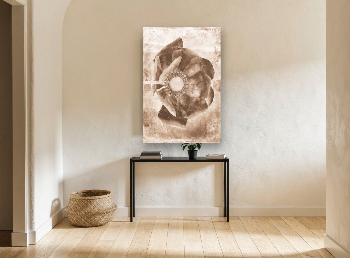 Sepia Poppy Negative floral canvas print on the wall of a hallway